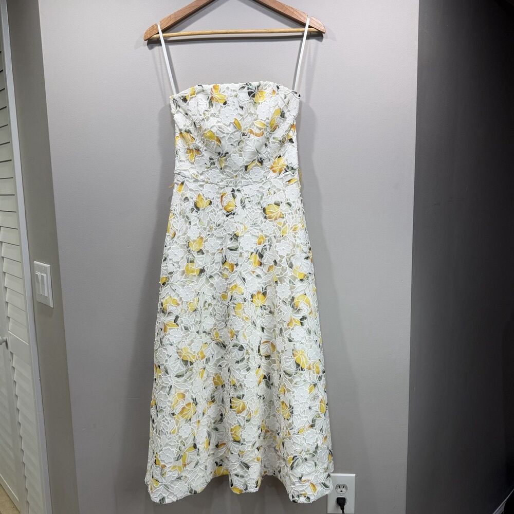 WHITE HOUSE BLACK MARKET Size 2 Lemon Patterned Lace Overlay Strapless Dress - Picture 2 of 9